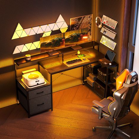 Bureau gaming avec rangements et 2 supports pour écrans, en bois et acier, 165 x 80 x 91,5 cm, noir