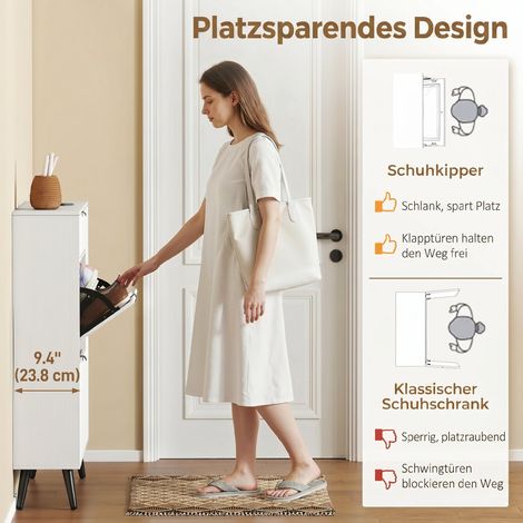 Meuble à chaussures étroit 2 compartiments rabattables, portes en similicuir lychee blanc, étagères réglables (1/5)
