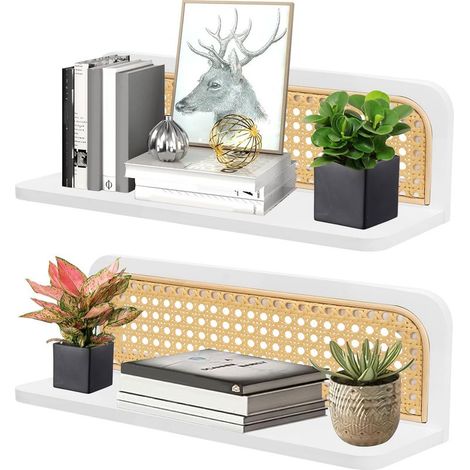Set mit 2 weißen Boho-Wandregalen, hängenden Wandregalen aus Holz, Wandregalen aus Rattan, schwebenden Aufbewahrungsregalen für Wohnzimmer, Küche, Schlafzimmer (40 x 12,2 x 13 cm) (1/5)
