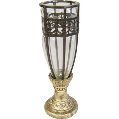 Vaso in vetro con decorazioni in metallo nero su base dorata, 28x8 cm (1/2)