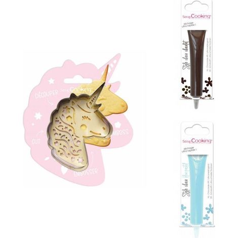 Kit pour biscuit en relief Licorne + 2 Stylos au chocolat marron et bleu pastel