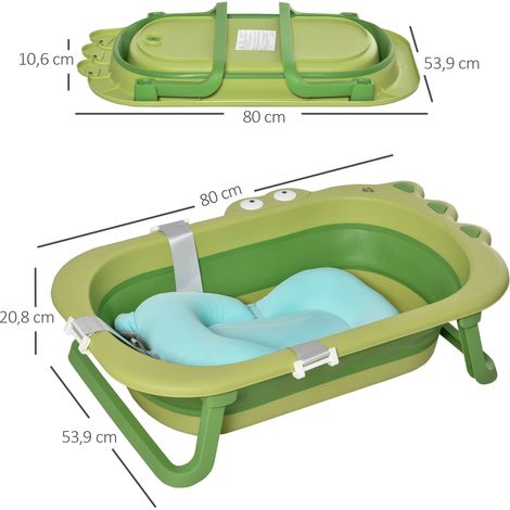 Vaschetta da bagno pieghevole HOMCOM per neonati da 0 a 3 anni, 50 litri, con comodo cuscino e gambe pieghevoli, portata massima 50 kg, 80x53,9x20,8 cm, verde.