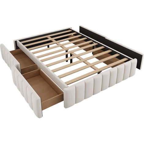 Lit rembourré 140 x 200 cm, cadre de lit simple/double, lit design avec sommier à lattes (sans matelas), cadre de lit, sans tête de lit, style minimaliste, beige