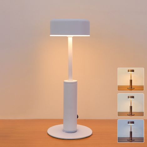 Lampe de table LED sans fil, lampe de bureau rechargeable, gradation continue à 3 couleurs, lumière ambiante à commande tactile, blanc (1/5)