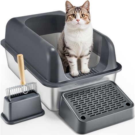 Bac à Litière pour Chat Profondeur 152,4 mm Extra Large en Acier Inoxydable avec Pelle, Repose-Pied Filtrant, Côtés Hauts, sans Odeur, Facile à Nettoyer, Adapté aux Grands Chats, Gris Foncé (1/5)