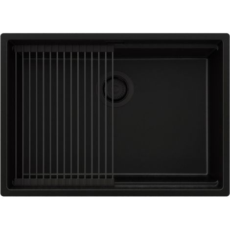 PRIMAGRAN Evier Cuisine en Granit 66x47cm,Lavabo 1 bac + Kit de Vidage + Égouttoir Enroulable, Évier à Encastrer au meuble 70cm - Prague Slim, Tout Noir (1/5)
