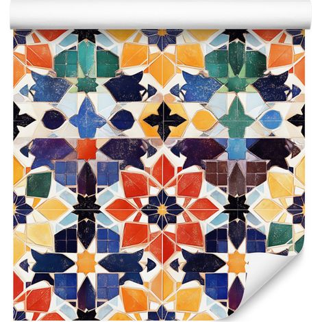 Papier peint mosaïque mexicaine crème et bleu pour salon et chambre 50x1000 cm (1/5)
