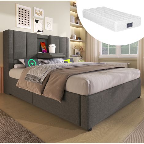Cama con almacenaje 90x200 con colchón lino gris OKMYHOME (1/5)