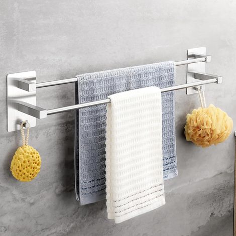 2 - Porte-Serviettes - Barre Murale - Acier Inoxydable 304 - Installation Sans Perçage - Pour Salle De Bain Et Cuisine - Argent - 61x5cm (1/5)