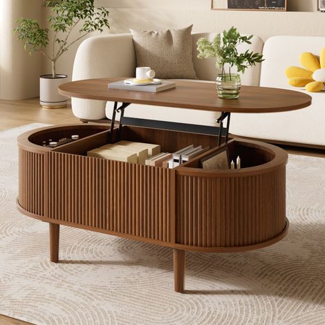 Table basse ovale relevable 100x48x54,5 cm, table de salon effet noyer avec rangement compartimenté, façade cannelée, pieds pin massif (1/5)