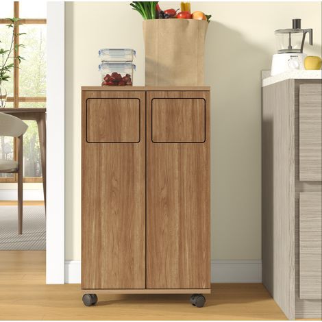 Armario para basura con 2 compartimentos con ruedas, efecto roble, MDF, 46,7 x 35 x 80,3 cm, OKWISH (1/5)
