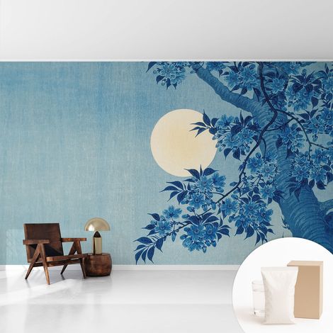 Papier peint intissé mural avec imprimé motifs décoratifs - style contemporain - Colle incluse gratuite Lune fleurie 416x254 cm (1/5)