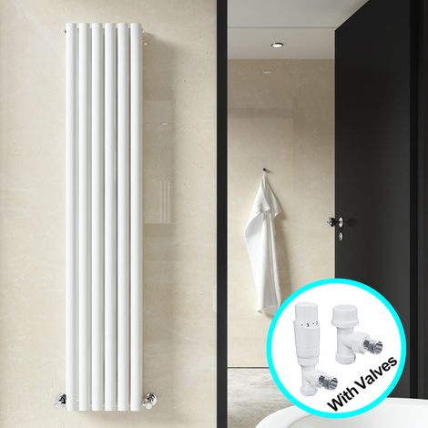 ELEGANT Central Heating Radiator 1800 x 354mm Vertical White Double Panel Oval Column Rad + White Thermostatic Radiator Valves (1/5)