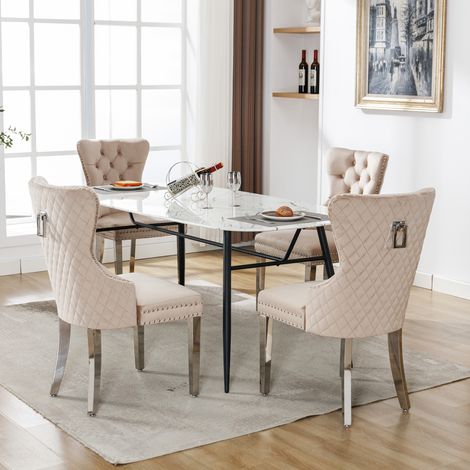 Lot de 4 chaises de salle à manger velours beige,dossier décoré,clouté,pieds métalliques,pour cuisine et salon contemporain.