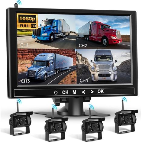 Kit de 4 caméras arrière sans Fil 1080P HD, Moniteur LCD 9 Pouces avec 4 caméras de recul pour remorque RV Camper Camion Voiture Bus, détection des Angles Morts, Lignes de Guidage, 12V-36V (1/5)
