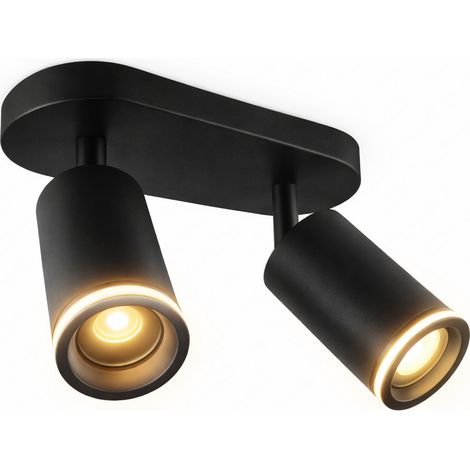 Faretto a Soffitto 2 Luci Orientabili GU10 in Alluminio Nero, Plafoniera Spot Doppio Cilindrico per Interno, Portalampada GU10 per Cucina Corridoio Camera Soggiorno, Lampadine non incluse