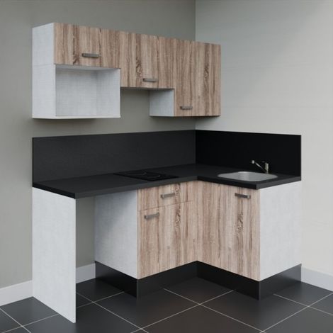 Kitchenette d'angle KA03L-PT avec plan de travail et évier - Façade Bois - Plan Noir texturé - Evier Inox - Crédences Oui (1/5)