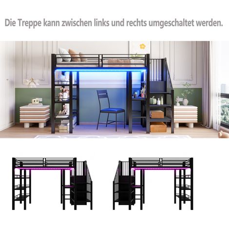 Lit mezzanine 90x200 cm avec bandeau LED et prise intégrée, lit en fer forgé noir avec rangement et bibliothèque, lit simple multifonctionnel pour chambre (1/5)