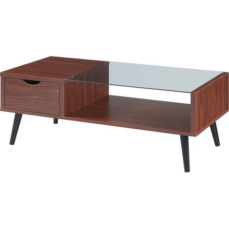 Table basse console d'appoint de salon aryd avec tiroir et étagère panneau de particules verre 110 x 50 x 40 cm effet noyer (1/4)