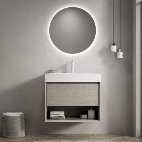 Mueble de lavabo suspendido de resina y madera color roble claro y blanco, 70 cm, con cajón y estante abierto (1/5)