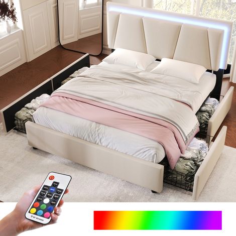 Cama tapizada 160x200 cm con LED, 4 cajones y cabecero regulable, beige (1/5)