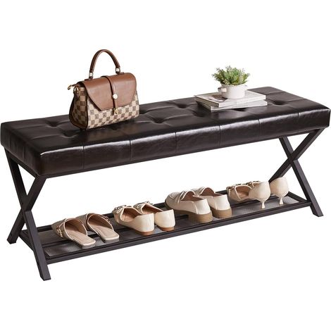 113 cm Banc de Rangement à Chaussures avec Siège, Banc de Bout de Lit Capitonné en Cuir PU avec Étagères en Treillis Métallique, Bancs de Chambre pour Couloir, Salon, Chambre, Noir (1/5)