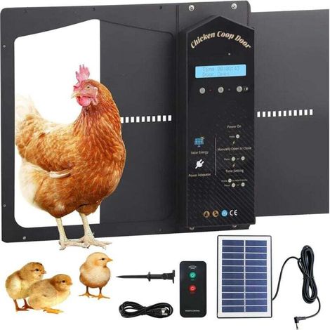 Automatic Solar-Powered Chicken Coop Door with Timed Lifting, Anti-Pinch Function, IP65 Waterproof Electric Chicken Coop Door, Rain and Water Resistant, with Remote Control, LCD Screen (1/4)
