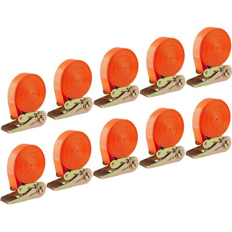 Pack de 10 sangles d'arrimage 4m 25mm – 800kg résistance – 100% polyester – Points renforcés – Tension facile avec cliquet-couleur orange (1/5)
