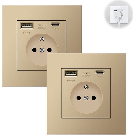 Prise murale 2 pièces avec USB et Type-C, prise de courant avec protection contre les surintensités, prise de courant universelle, 86 mm doré