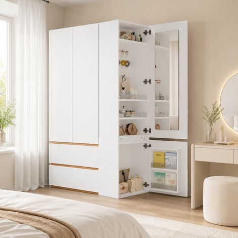 Armario de dormitorio 120x50x200 cm, vestidor combinado con espejo para habitación y estudio, MDF moderno con barra y 2 cajones, Blanco (1/5)