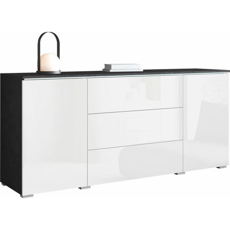 Commode Sarasota 142, Matera gris + Blanc brillant, Avec tiroirs et portes, Nombre de tiroirs: 3, 66x150x40cm, LED (1/5)