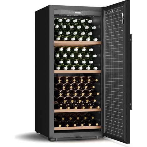 Klarstein CellarMax Weinkühlschrank Freistehend - 155 Flaschen, 5-20 °C, Touch-Bedienung, Metalltür, Holzregale, Alarm, Energieklasse E, Großer Weinkühlschrank
