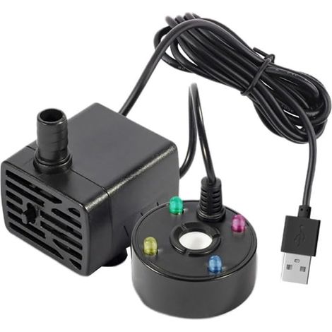 Humidificador atomizador de 5 V, bomba de agua ajustable de 120 L/hora, luces LED de colores, para interiores, estanques, peceras, jarrones, fuentes, color negro. (1/4)