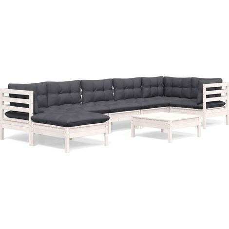 Salon de jardin 8 pcs Ensemble Table et Chaise de Jardin - avec coussins Blanc Bois de pin solide BV367764 - BonneVie (1/5)