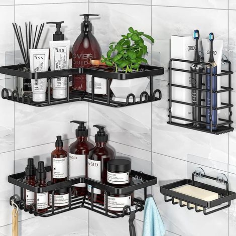TrAdE Shop Traesio - Set 4pz Mensole Portaoggetti Angolari Portasapone In Acciaio Autoadesivo Per Bagno Doccia - (1/5)