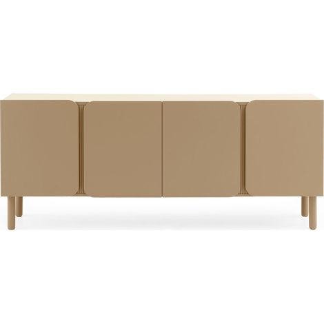 Buffet en MDF couleur sable beige, avec angles de porte arrondis et une bande rainurée reposant sur des pieds en bois massif. (1/5)