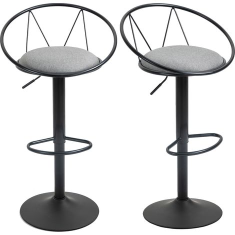 Ensemble de 2 tabourets pivotants réglables de style néo-rétro avec repose-pieds, métal noir, gris lin
