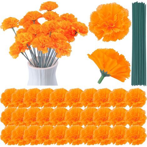 Lot de 30 fleurs de calendula artificielles en soie orange avec tiges en fer pour décoration de Diwali, fête d'Halloween, guirlande de fête des morts, décoration de mariage (1/5)