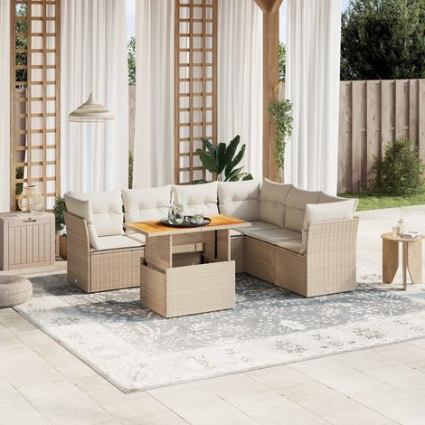 Canapé d'extérieur 7 pièces en résine tressée beige avec coussins crème, table réglable 100x55 cm, sièges modulaires et résistants aux UV (1/3)