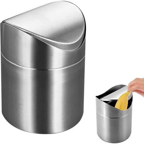 Cestino da tavolo in acciaio inox con coperchio, 2 litri. Cestino piccolo e portatile. Mini cestino salvaspazio da scrivania. (1/5)