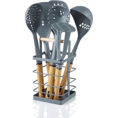 SWAN Nordic Nordic Ustensiles de Cuisine en Nylon 6 Pièces + Panier, Poignées Effet Bois Gris (1/5)