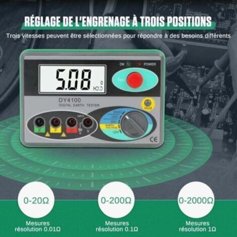 Mégohmmètre numérique de terre DY4100 – Testeur de résistance au sol, plage réelle 0-2000 ohms