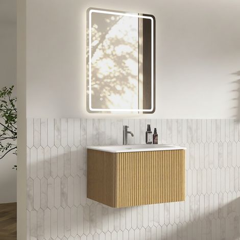 Mueble de baño con espejo LED 60 x 80 cm, lavabo 60 cm, suspendido, roble DESVIAE (1/5)