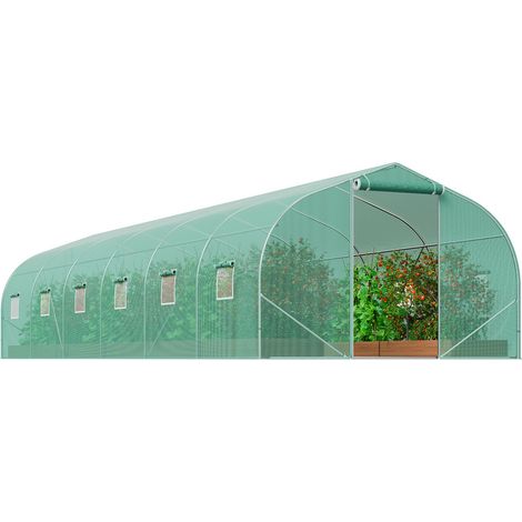Serre tunnel à pied, 9x3x2 m, arceaux en acier galvanisé, bâche PE verte, porte zippée et 12 fenêtres, pour jardin extérieur. (1/5)