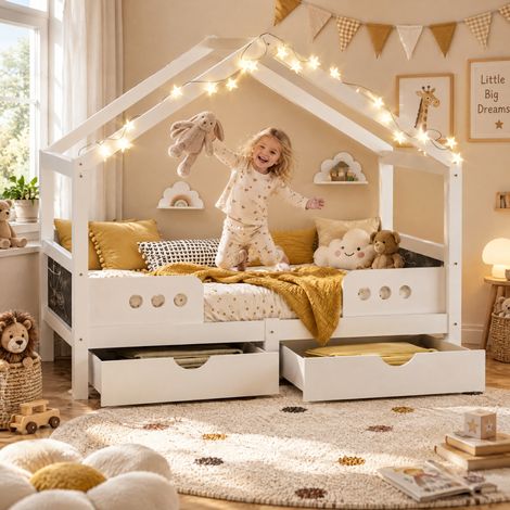 JOOKGBD-Lit Maison Enfant 90×200cm Blanc, 2 Tiroirs de Rangement, Panneaux Ardoise Créatifs, Bois à Vernis UV Écologique Certifié, Garde-corps de Sécurité, Toit Décoratif pour Chambre d’Enfant (1/5)