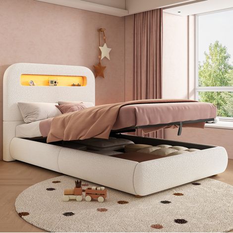 Cama con almacenamiento 90x200 cm con almacenamiento hidráulico, cabecero LED, en tela, blanco, sin colchón (1/5)