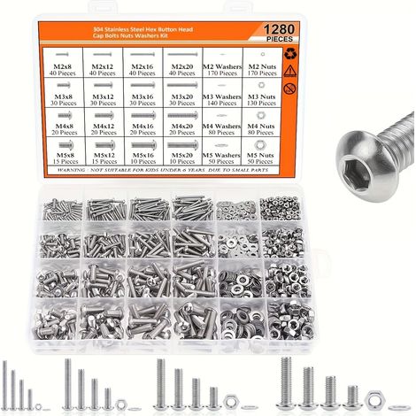 Kit de 1280 Pièces Vis à Tête Bombée et Écrous Hexagonaux, Acier Inoxydable 304, Vis Allen M2 M3 M4 M5 (1/5)