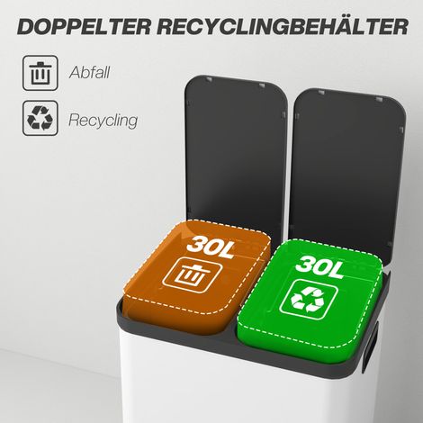 Poubelle double compartiment 2x30L, anti-empreintes, à pédale, bacs intérieurs amovibles, gris (1/4)