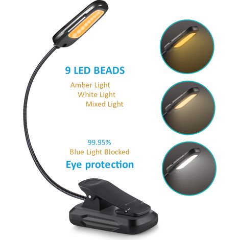 Lampe de lecture à pince noire 9 LED rechargeable Type‑C,3 températures de couleur,9 niveaux de luminosité,anti‑lumière bleue,col de cygne 360°,lampe de livre voyage (1/5)
