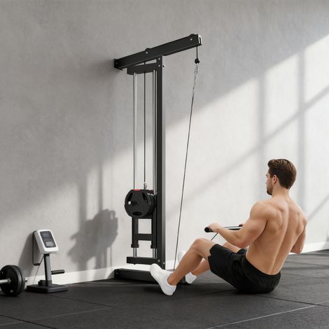 Máquina de remo para entrenamiento, equipo de fitness de pared, máquina de cables para gimnasio en casa, acero, negro. (1/5)